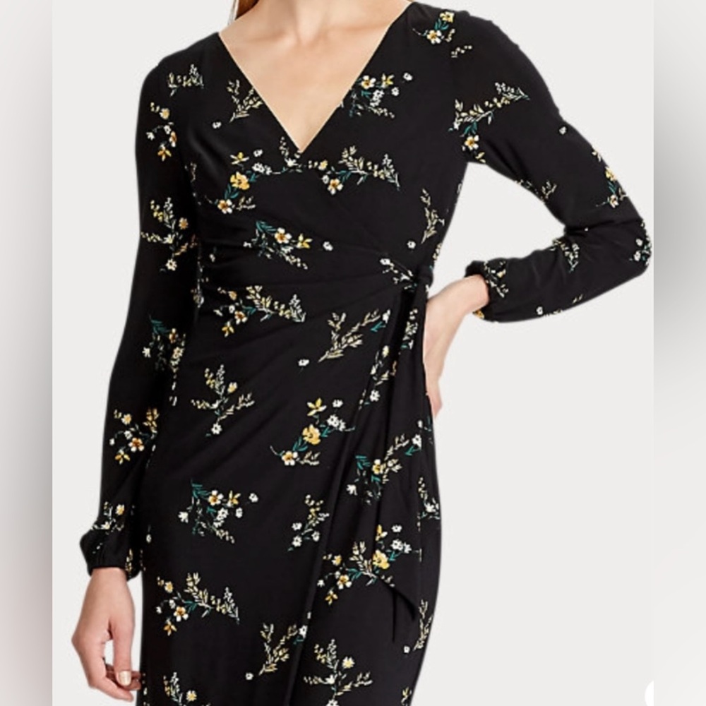 Lauren Ralph Lauren Black Floral Print Wrap Dress Long Sleeve Womens Size 4